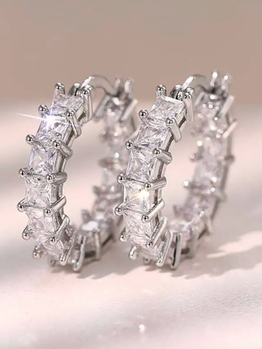 NEW 18k White Gold Diamond Earrings Diamond Hoops Princess Cut Earrings